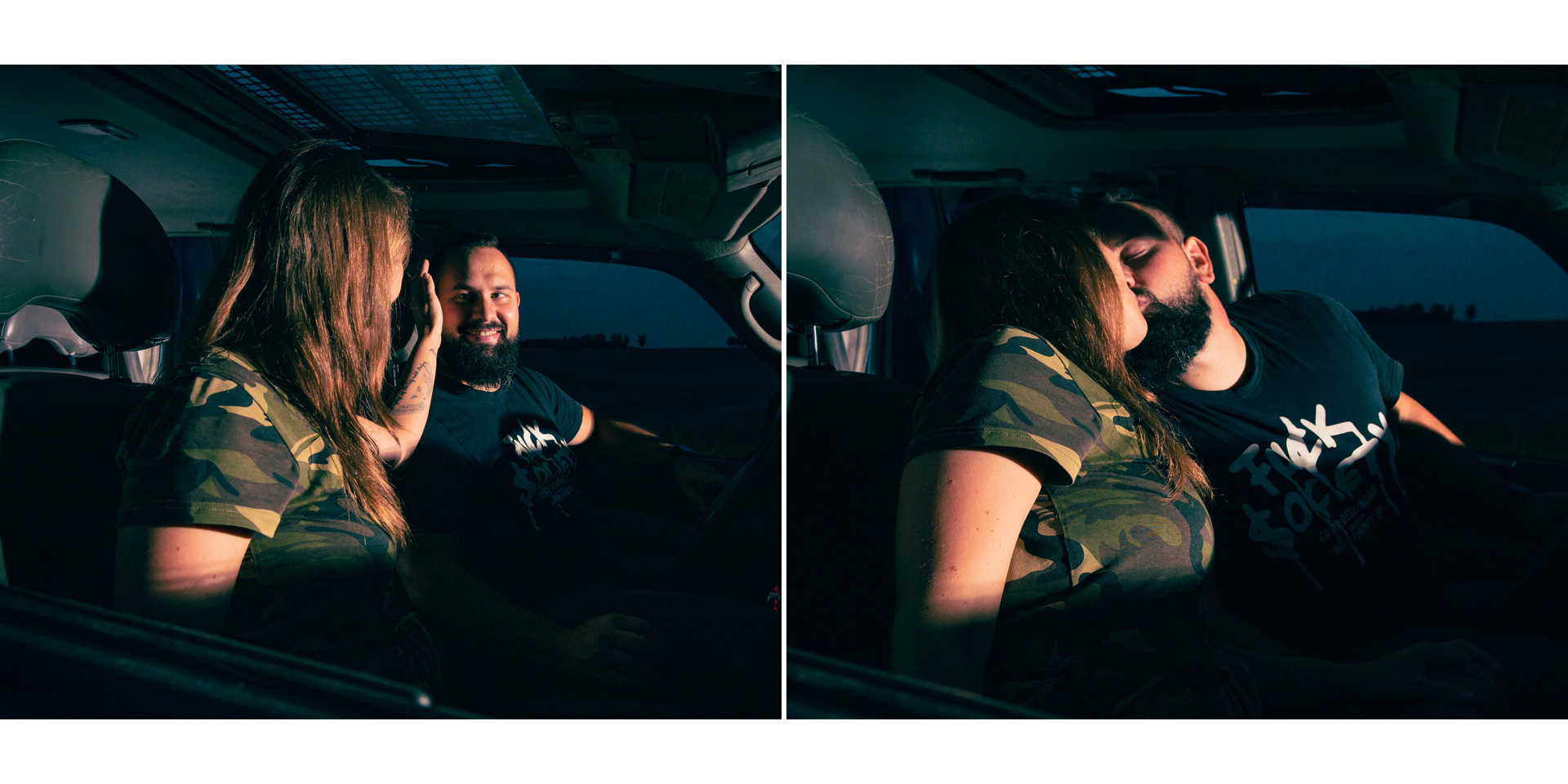 Dvojice ve autě v noci si dává polibek.